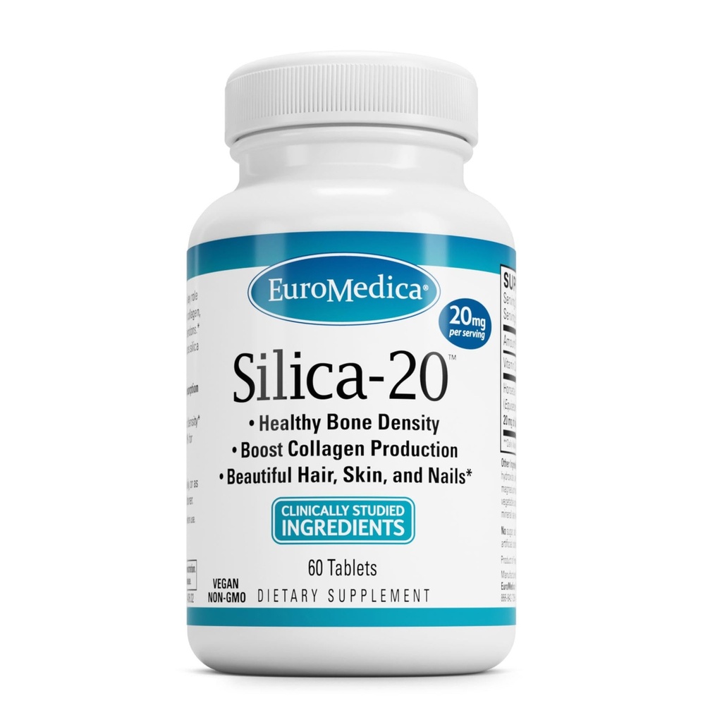 Euromedica Silica-20 - Supplement podporuje kostnú štruktúru a kolagén výroby - Silné zuby a zdravé kostnej hustoty - AIDS vlasy, koža a nechty zdravie - 60 tabliet (30 porcií)
