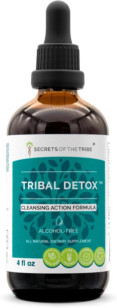 Tribal Detox Bylinný extrakt, Glycerit bez alkoholu Tinktúra, Turmerica, Púpava, Mliečna bodliak, Burdock, Kleepers, Cranberry, Goldenrod, Zelený čaj Čistenie Akčný vzorec (4 FL OZ)
