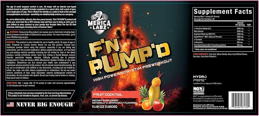 "Merica Labz F'N Pumpa'D bez stimulantov, oxid dusnatý, plný dávkovaný, prášok na predúpravu čerpadla (20 porcií) (ovocný koktejl)