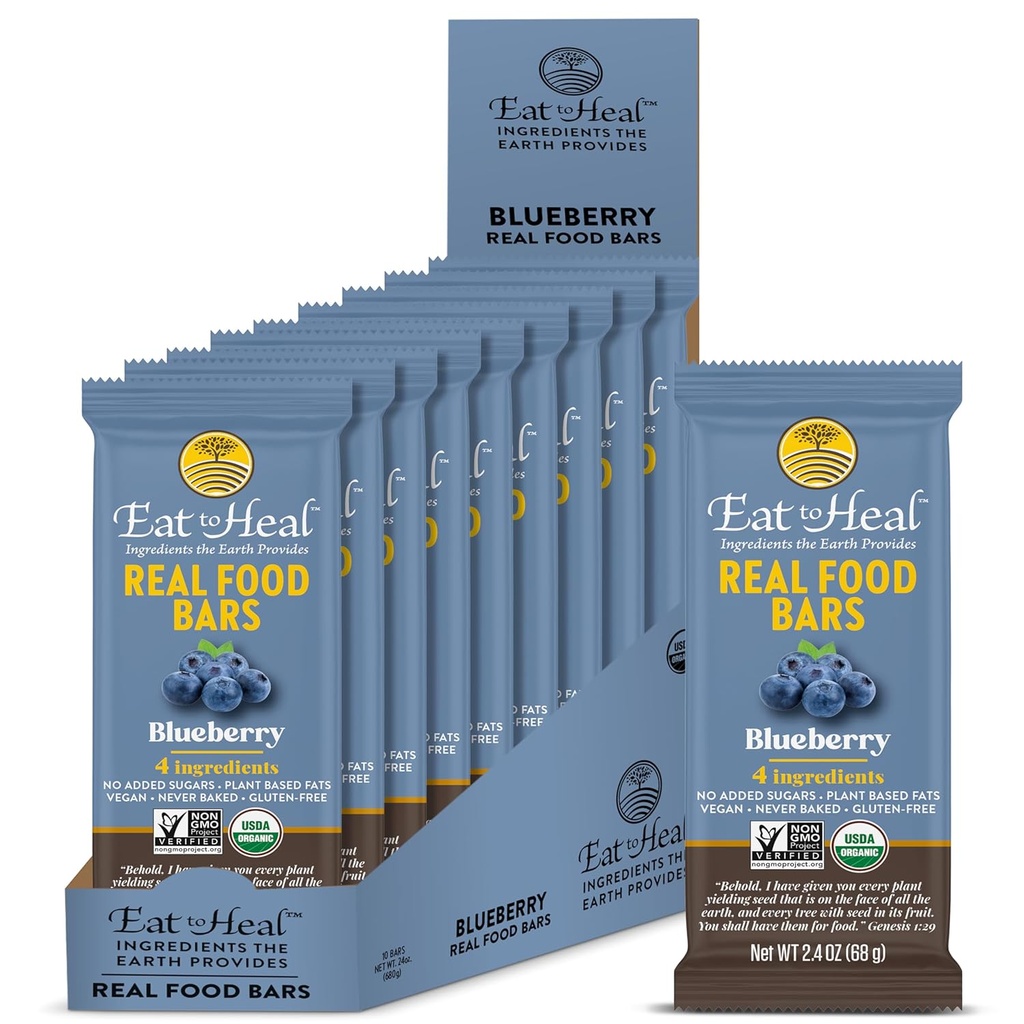 EatToHeal Blueberry Real Food Bar - Organic Protein Bars, Vegan Food, zdravé lepidlo zadarmo Protein Food - Nízky cukor Protein Bars, Non GMO, Nikdy Pečené, Plant Based Organic Snacks - Remeslo vychutnať