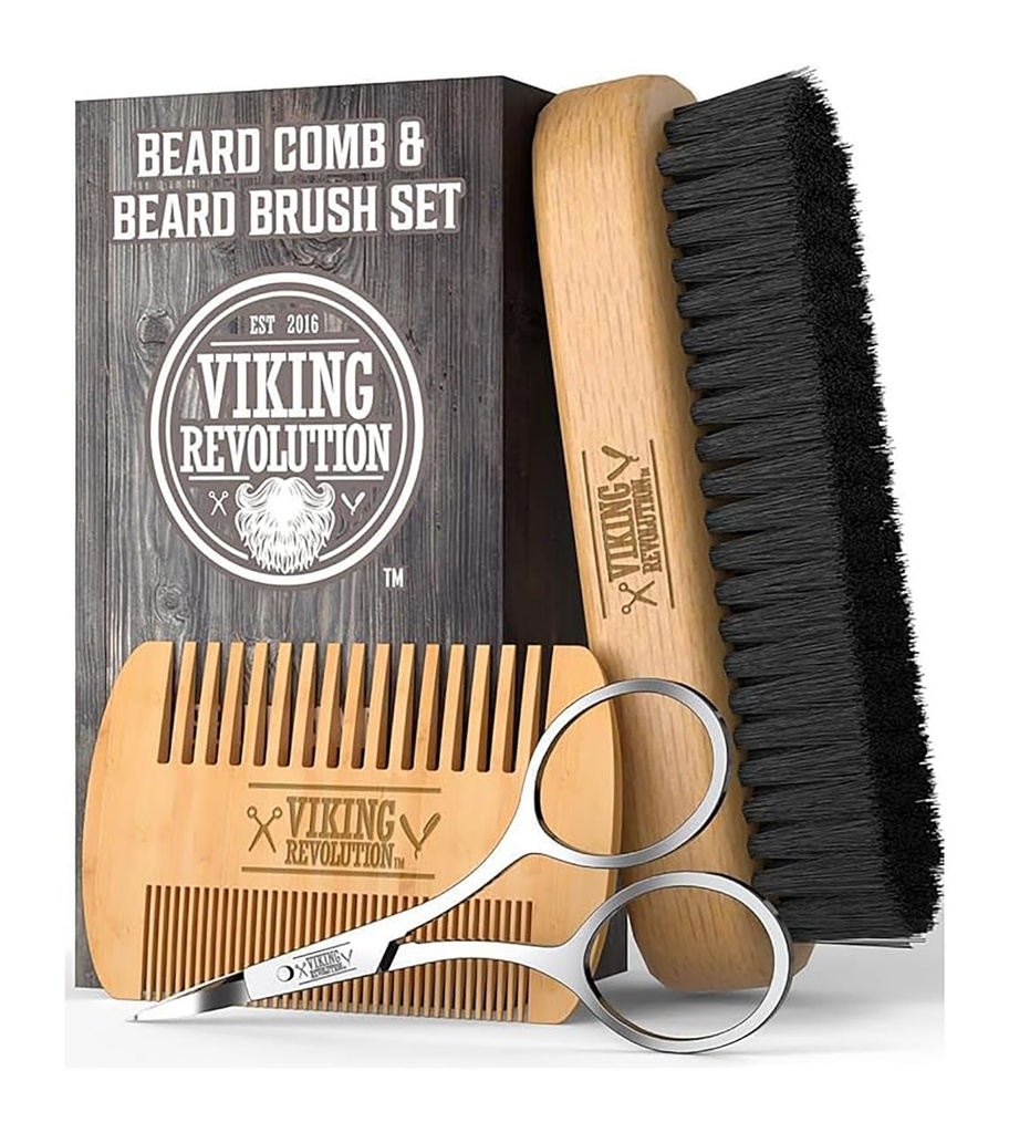 Viking Revolution Beard Comb & Beard Brush Set pre mužov -- Natural Boar Bristle Brustle Brush and Dual Action Pear Wood Comb w/Velvet Travel Puch - Skvelé pre grooming Bradach a fúzy