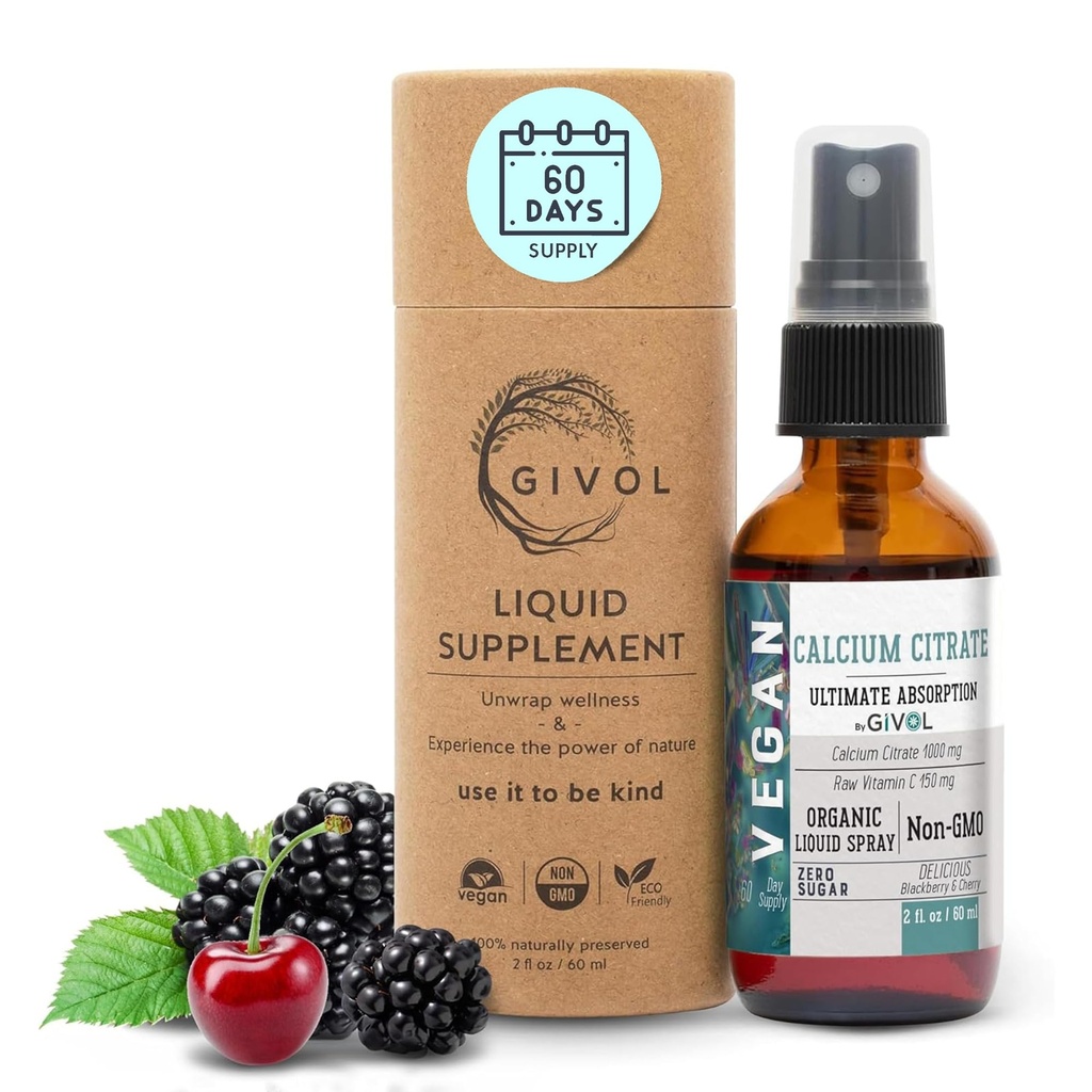 Tekutý citran vápenatý 1000 mg a surový vitamín C 150 mg tekutý sprej na optimálnu absorpciu, divoká čerešňová a čerstvá chuť, vápnikové doplnky, bez GMO, bez lepku, bez cukru 2oz (60ml)