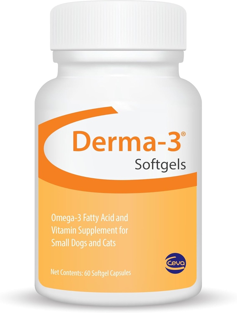 Ceva Derma-3 Softgels, Omega-3 Mastné kyseliny a vitamín doplnok pre malé psy + mačky (60 počet)
