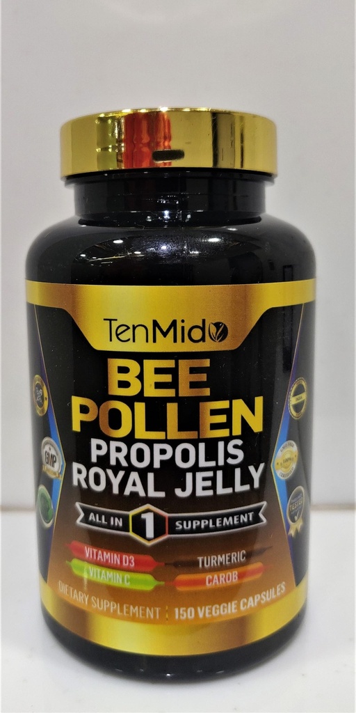 Včela Pollen Kapsule od Muži a ženy, 7-in-1 Formula s Propolis, Royal Jelly, Turmerica, Carob & More - Energia, Immune, Tráviaca podpora - Bohaté na živiny, Vitamíny - 150 Kapsule