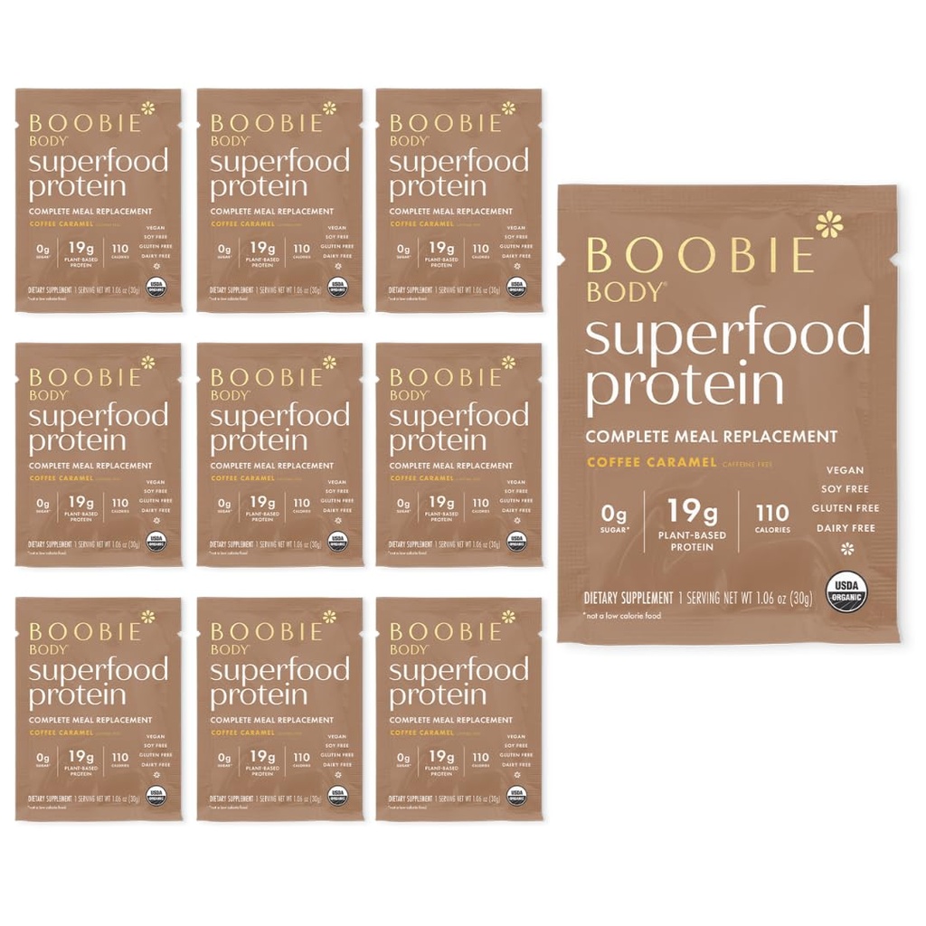 Boobie Body Superfood Protein Nahradenie bielkovín Strava Shake, Káva Karamel Chuť 19g Proteín 