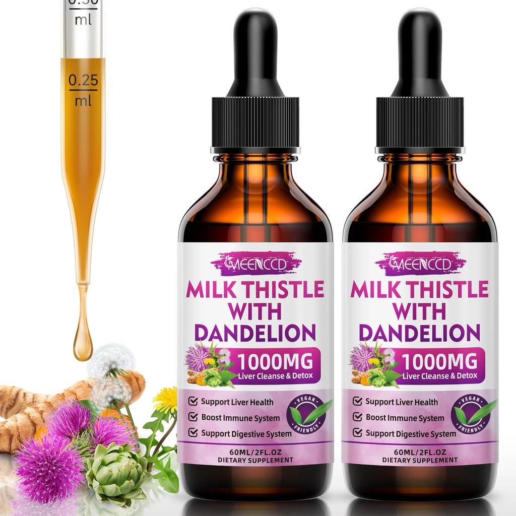 2 balenie mlieka Thitle Tekuté kvapky - Pečeň čistí Detox a opravy - 1000mg Mlieko Thitle doplnok pre podporu pečene, Silymarin Pečeň Supplement for Liver Health, Vegan, Non-GMO, 4 Fl Oz