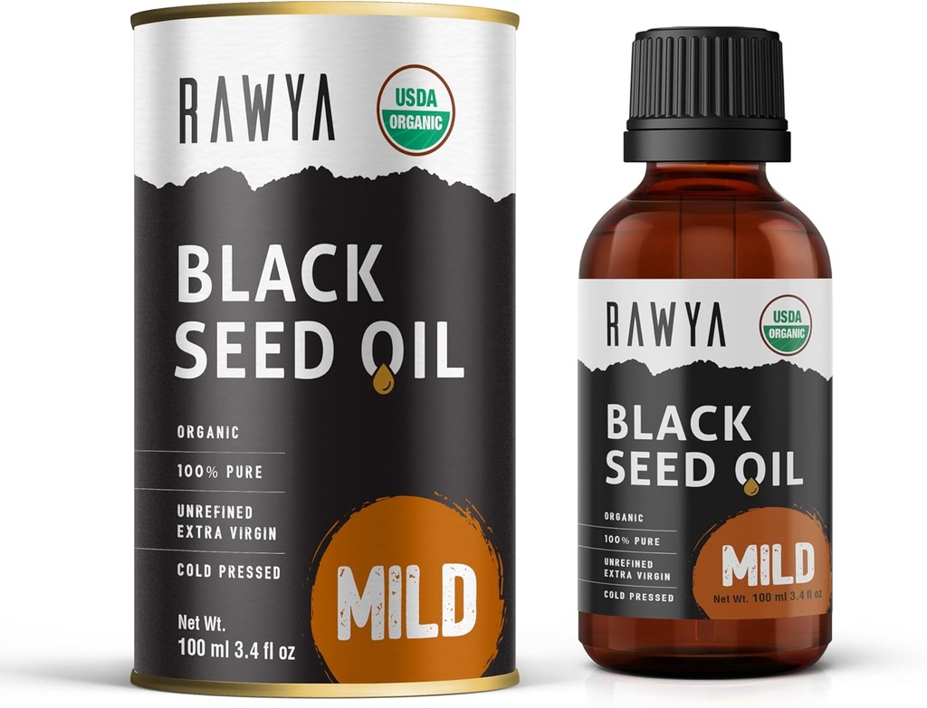 RAWYA Black Seed Oil - Cold Pressed - Black Cumin Seed - Premium Nigella Sativa - Omega 3 6 9 - Kalonji pre pokožku a zdravé vlasy - Non-GMO, Gluten-Free - Wellness Oil - Mierna chuť - 3.4 Fl Oz