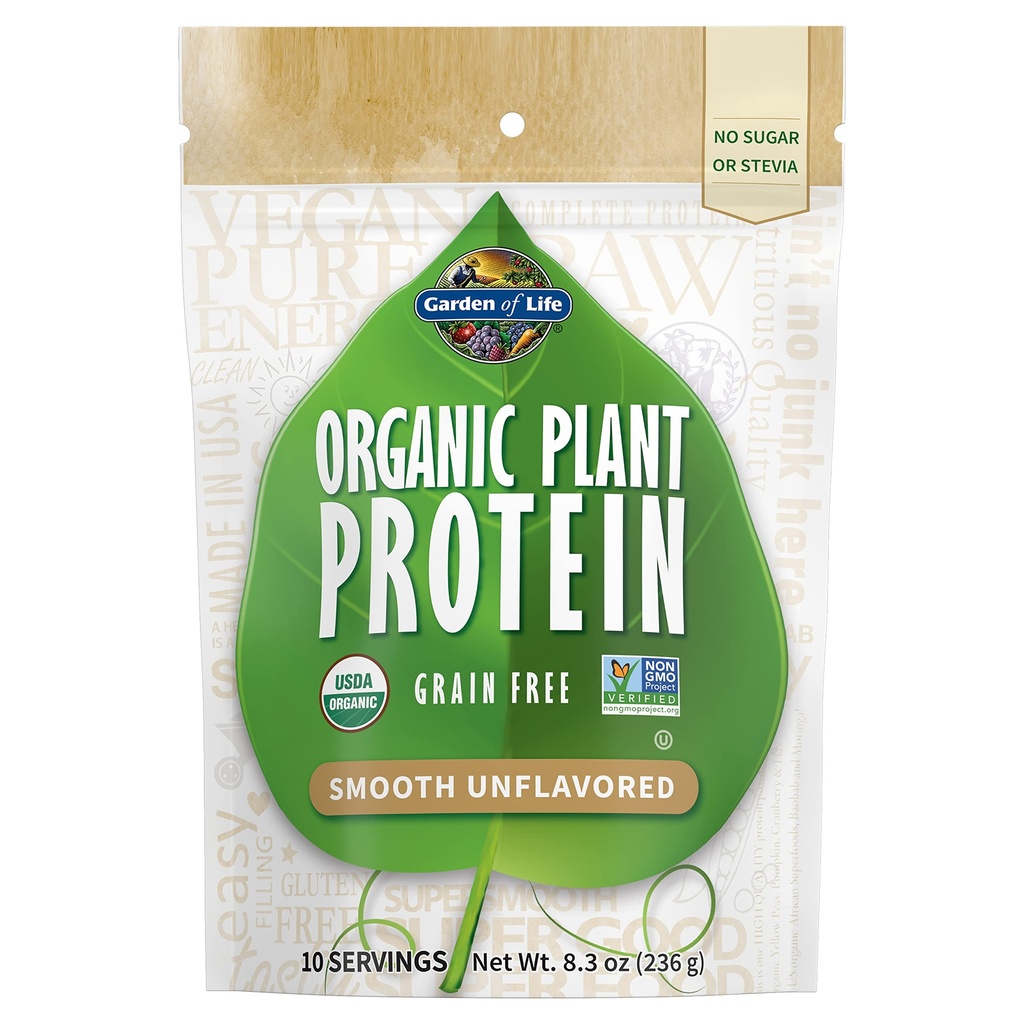 Záhrada života Organic Plant Protein Hladký Nearomatizovaný prášok, 10 Slúži - Vegan, Grain Free & Gluten Free Plant Based Protein Shake, 1B CFU Probiotiká a enzýmy, žiadny cukor alebo Stevia, 15g Protein