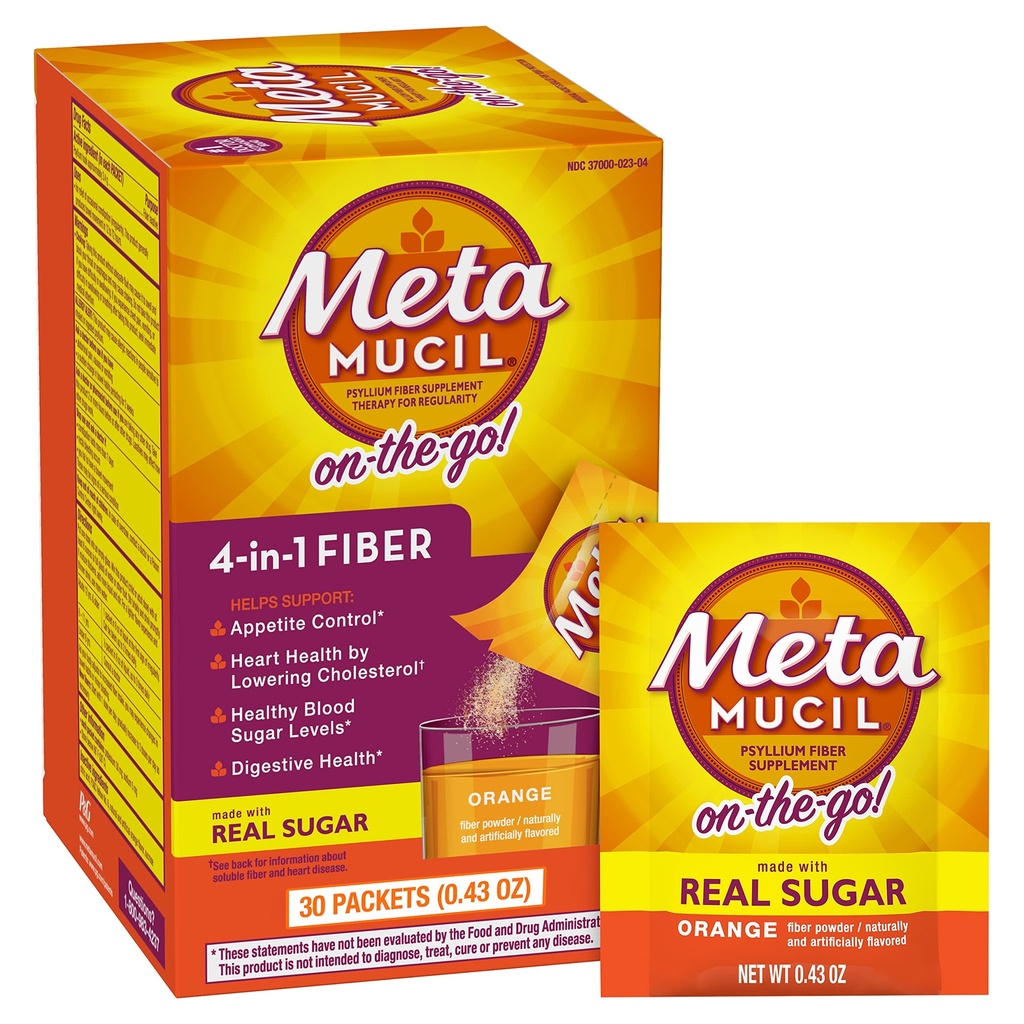 Metamucil On-the-Go, Daily Psyllium Husk prášok Supplement with Real Sugar, 4-in-1 Fiber for Digestive Health, Orange Smooth Ochutený nápoj, 2 balenia x 30 počet = 60 Balíčky celkom