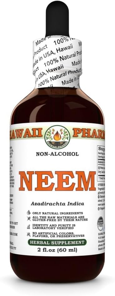 Neem Liquid Extract bez obsahu alkoholu, Organic Neem (Azadirachta Indica) Sušený Leaf Glycerit Natural Herbal Supplement, Hawaii Pharm, USA 2 fl.oz