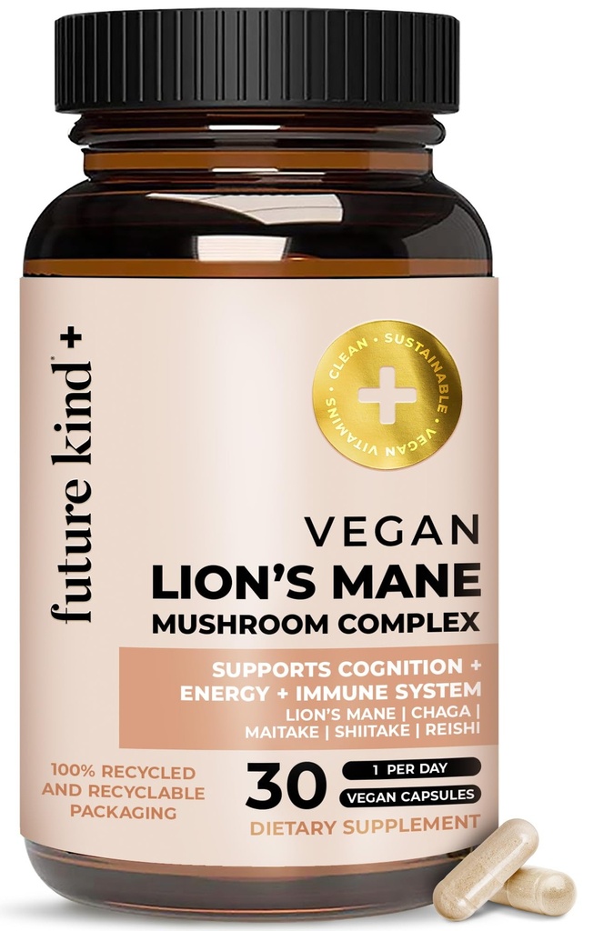 Future Kind Vegan Lion as Mane Mushrom Complex - Brain Supplement with Chaga, Maitake, Shiitake, & Reishi, podporuje pamäť a zameranie (30ct)
