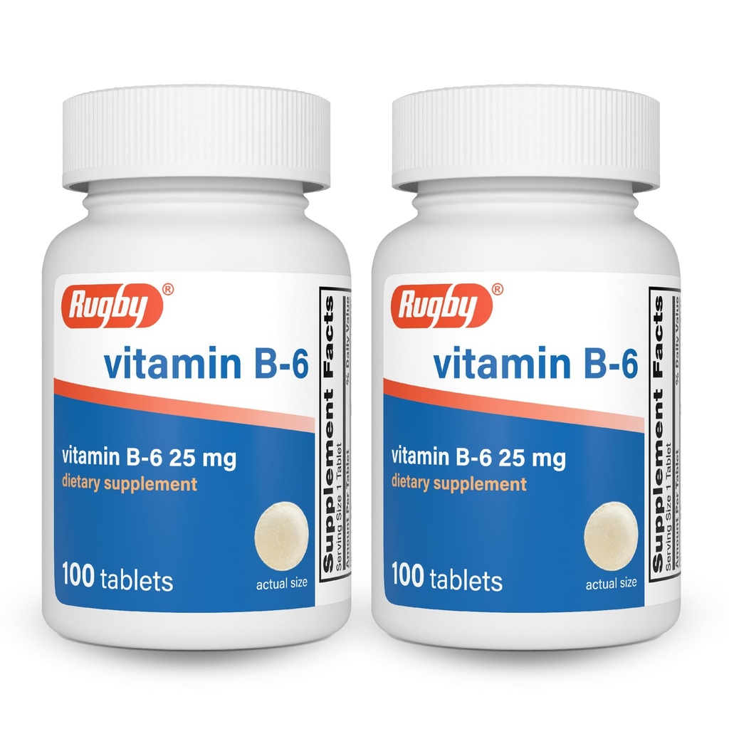 Rugby Vitamín B-6 Tablety - 25 mg vitamínu B6 - Diétne doplnky - 100 Počet (2 balenia)