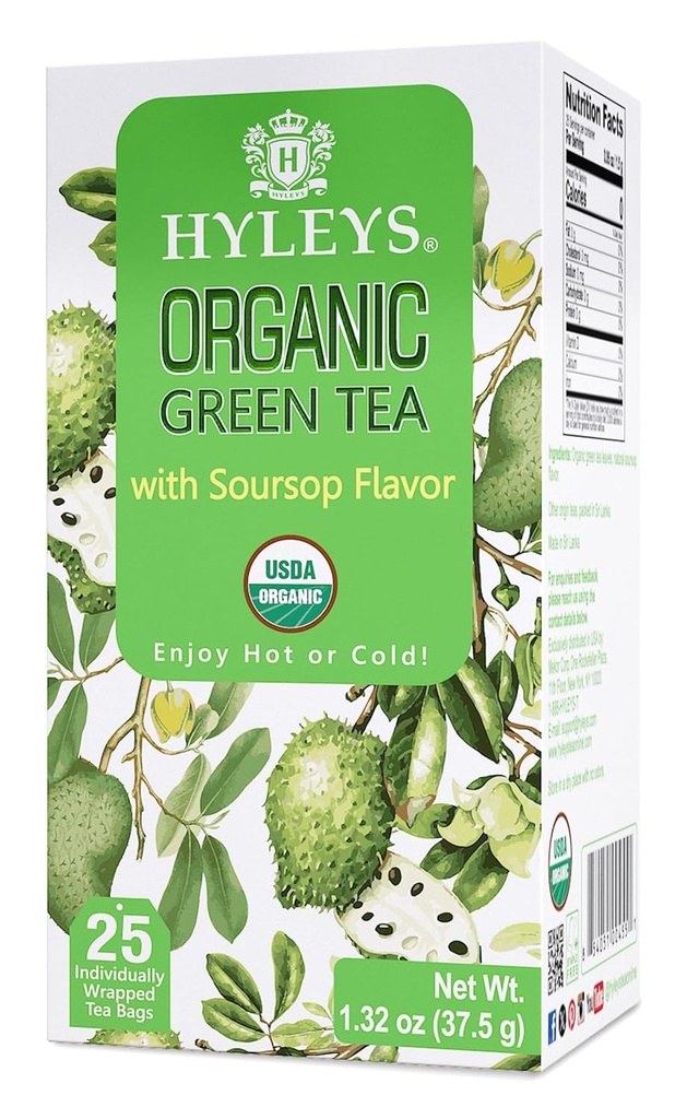 Hyleys Organic Green Tea Soursop Flavor - 25 Čajové tašky - (12 Balenie - 300 Čajové tašky celkom) - Graviola Guanabana čaj