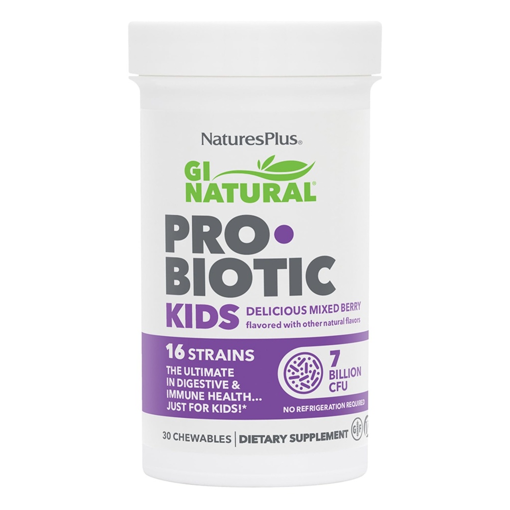 Natures Plus GI Natural Probiotic Kids, Mixed Berry - 30 Žuvačky - Tráviace a imunitné zdravie Len pre deti - bez lepku - 30 Slúži