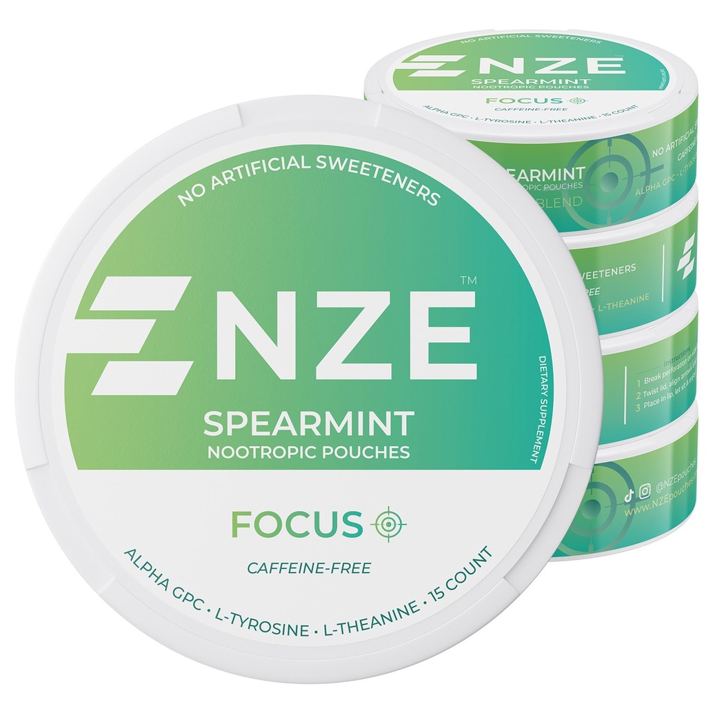 NZE kofeín bez nootropných puzdier (Spearmint) - Nootropic Pouches with Alpha GPC, L-Tyrosine & L-Theanine - bez cukru alebo umelých sladidiel - 15 Nicotin Free Pouches Per Can - 5 balení