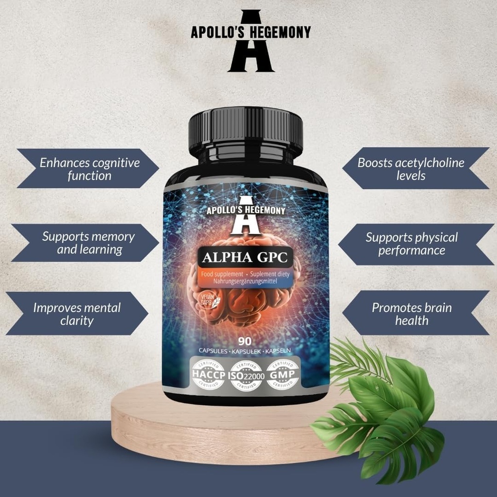 APOLLO'S HEGEMONY Alpha-GPC 600mg per Daily Dose - 90 Vegan Choline Kapsule - 99% Cholín Alfoscerate Dietary Supplement - Lipid Choline - Pamäť a koncentrácia Kapsule