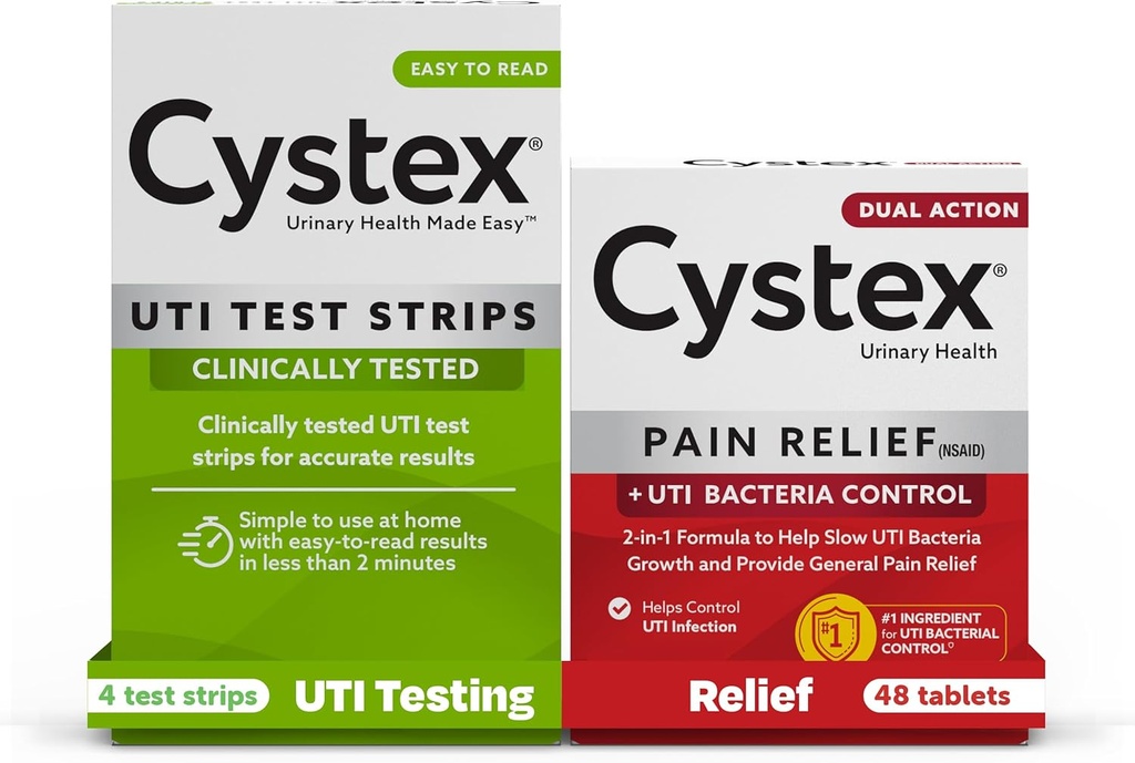 Cystex Infekcia močových ciest (UTI) Testové prúžky + úľava od bolesti: 4 testovacie prúžky & 48 kapsuly liek na zmiernenie bolesti