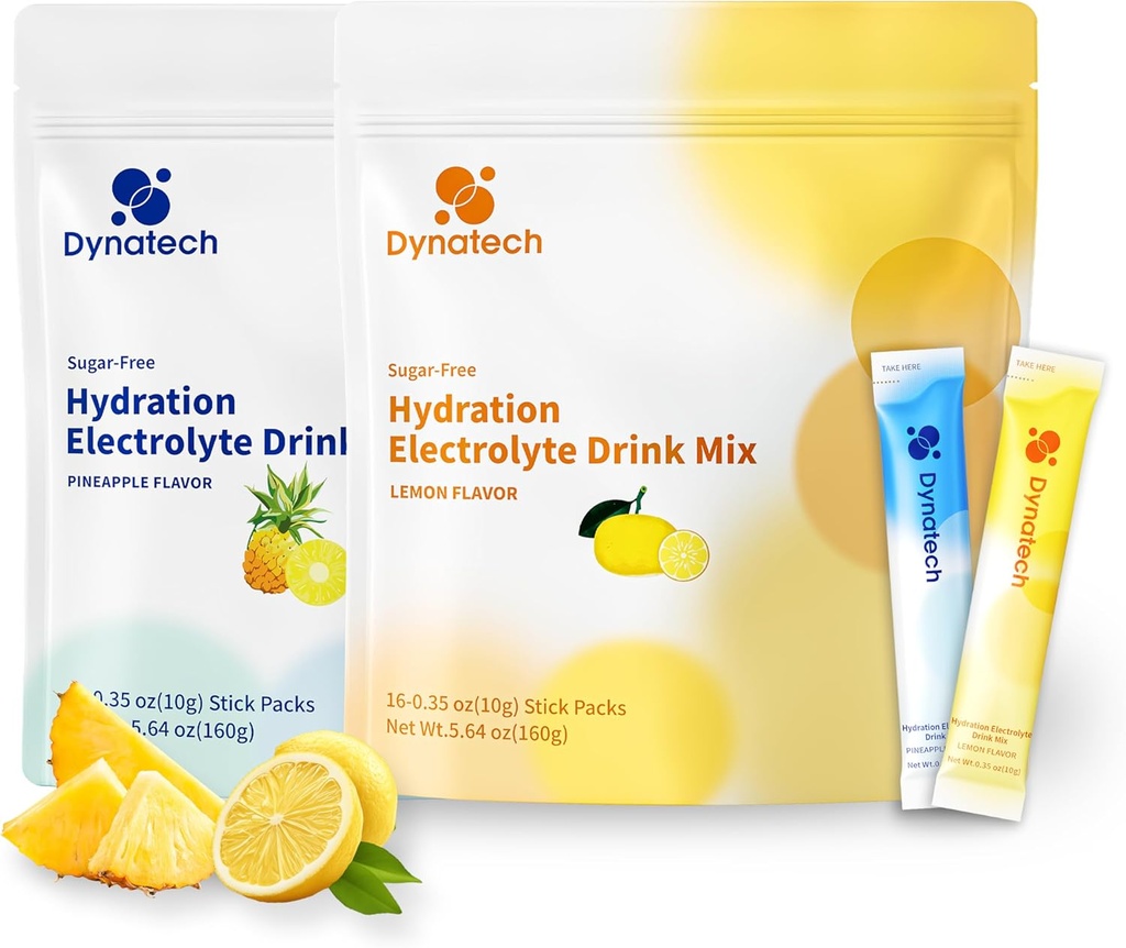 Dynatech Zero Sugar Electrolyte Drink Mix - Citrón, Pineapple - Hydratácia prášok pakety s 10 Elektrolyty a vitamíny 