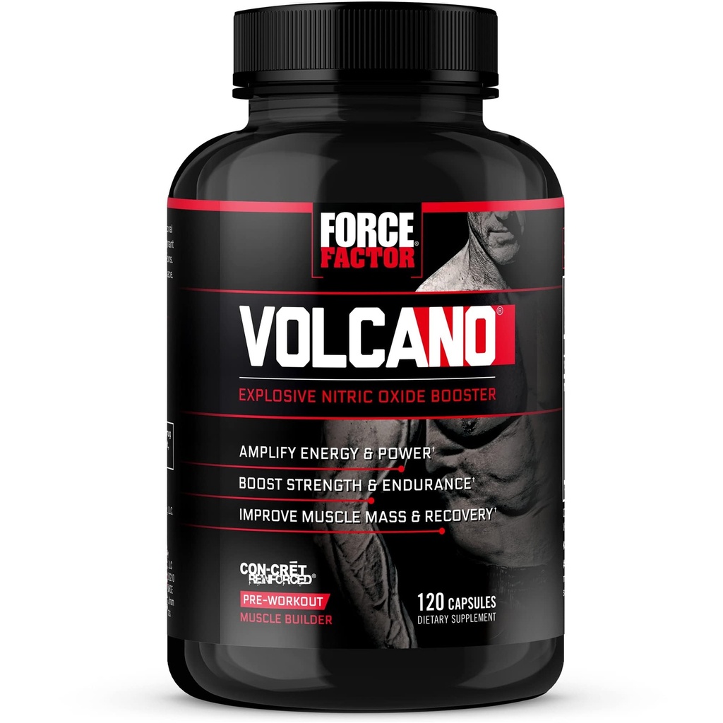 Force Factor Volcano Pre cvičenie Oxid oxidu dusnatého Booster doplnok pre mužov s kreatínom a L- Citrulín Boost a energie, pomôcť budovať svalovú hmotu, lepšie čerpadlo a cvičenie, 120 Kapsule