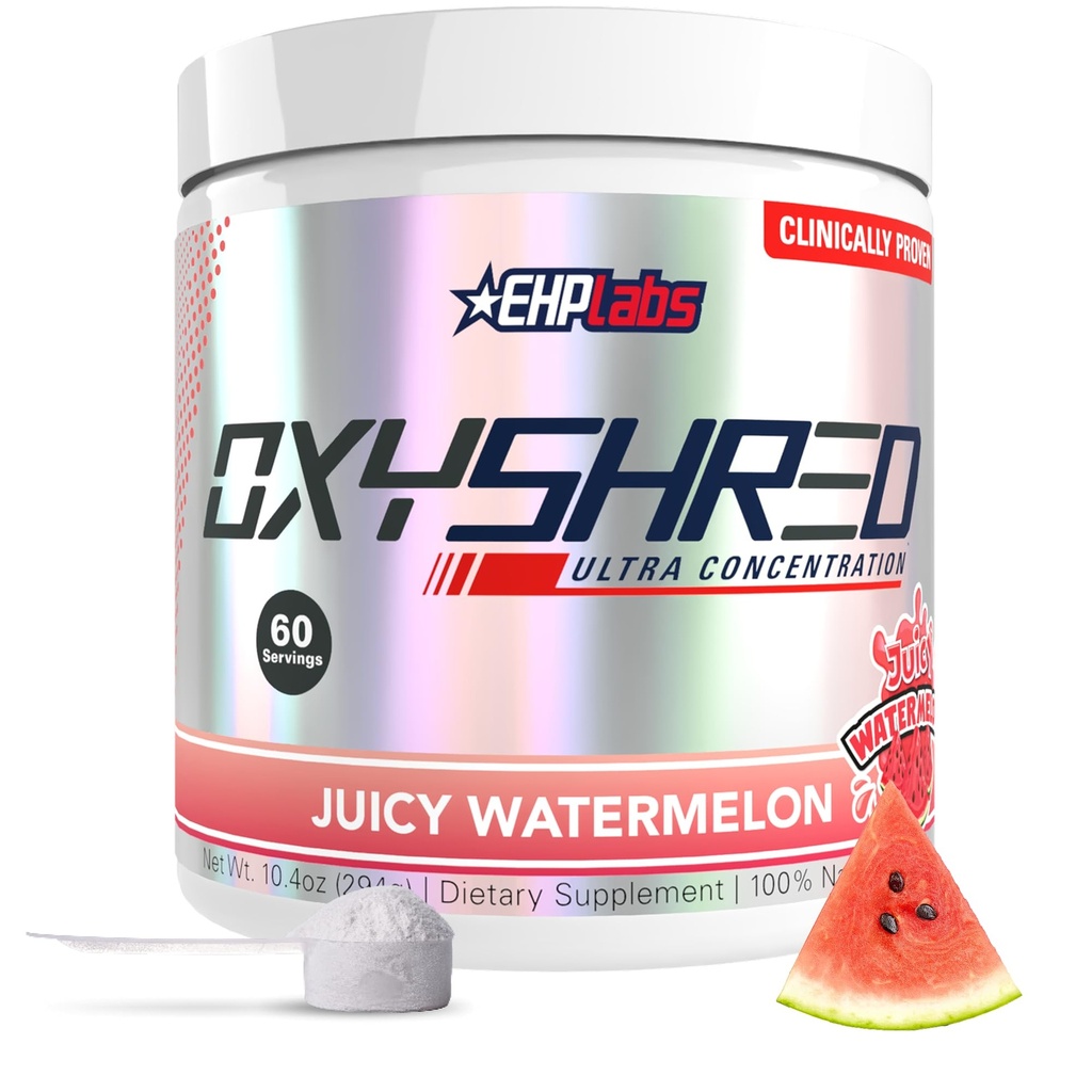 EHP Labs OxyShred Predcvičený prášok - Prášok pred cvičením s L glutamínom a Acetyl L karnitínom, Energy Boost Drink - šťavnatý melón, 60 servírovacích