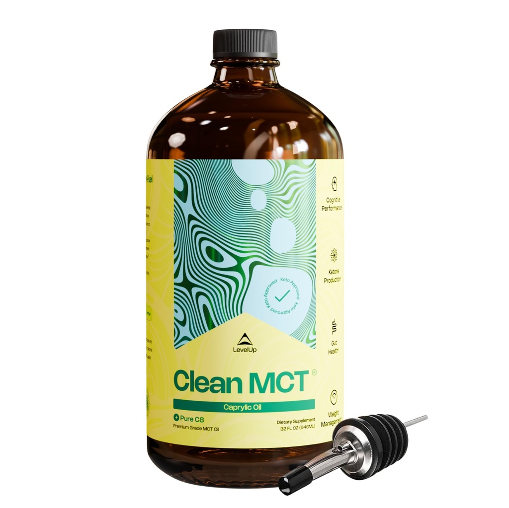 LevelUp Clean MCT Olej - 100% Caprylic C8 pre energiu, Zameranie, zdravie Gut, mozog superpalivo - Keto doplnok pre ketogénne kávy a ketones - non-GMO (32 oz sklo)