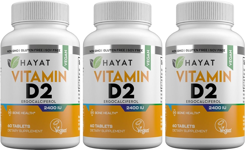 HAYAT vitamíny Vegan prírodný vitamín D 2400 IU, D2, Certified Halal (Pack of 3)