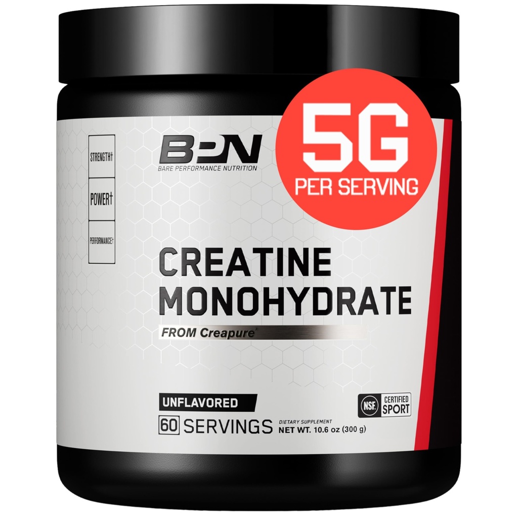 BARE VÝKONNOSTNÁ NUTRITION, BPN Pure Creatin Monohydrate Powder by Creapure, 5g Creatin per Serving, podporuje rast svalovej hmoty, neochutený kreatinný prášok, 60 Servings