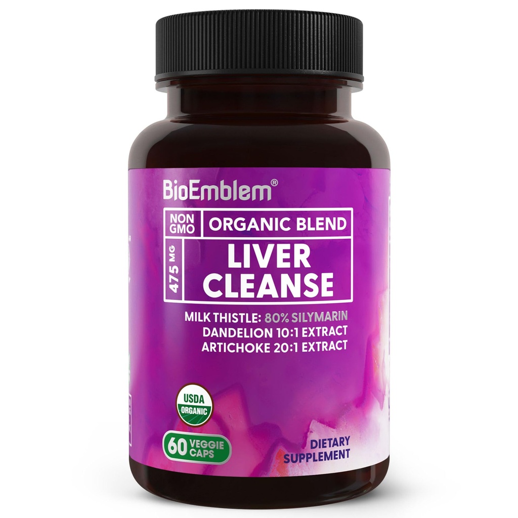 BioEmblem USDA Organic Pečeň Čistenie - 80% Silymarin Milk Thistle Extract for Pečeň Zdravie a funkcia pečene s púpavom a Artichoke Extrakty - 100% Vegan, non-GMO - Bylinné pečeň - 60 Kapsule