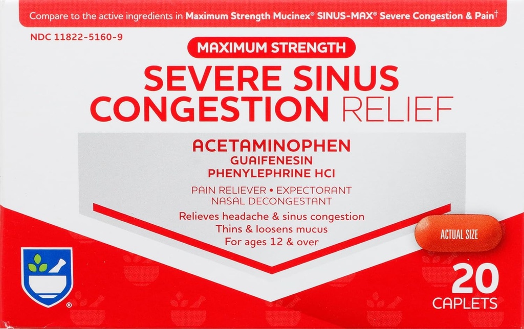 Rite Pomoc Závažná Sinus medicína a nosal Dekongestant, Maximálna sila - 20 Caplets 