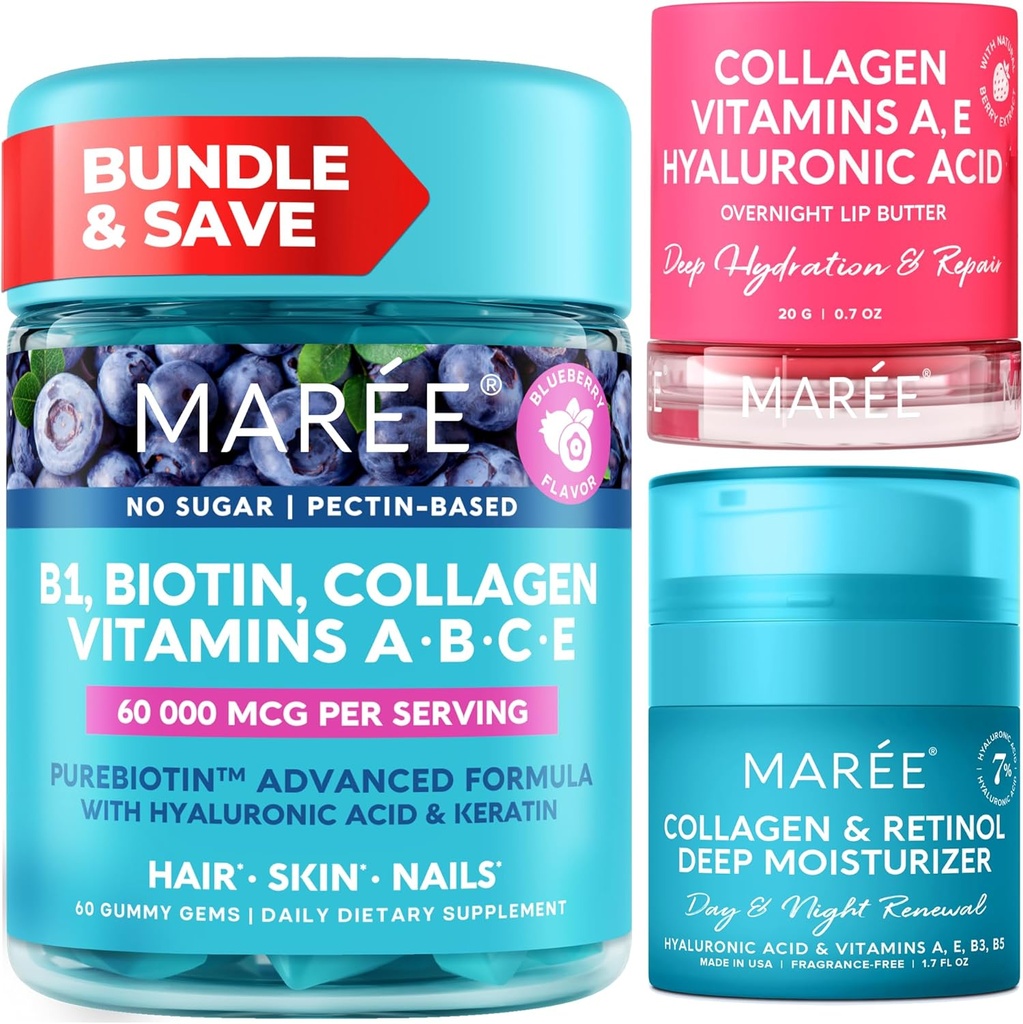 MAREE Bundle - vitamín B1 tiamínové tampóny, maska na pery, krém na tvár - A, E, D, C Vitamíny - kyselina kolagénová a kyselina hyalurónová, retinolový komplex pre pokožku, nechty, vlasy - maska pre suché pery - anti-aging krém