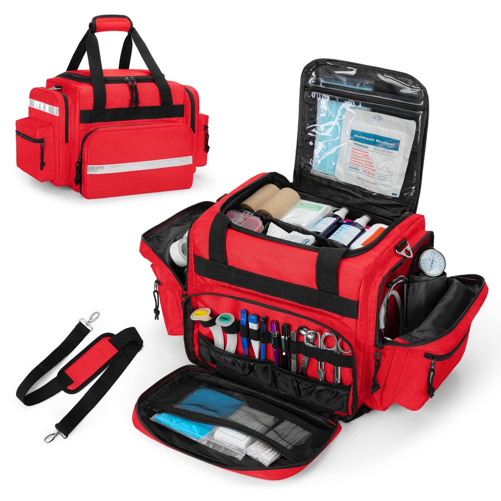 Damero Professional Medical Bag prázdne, Prvý Respondent Trauma taška s odnímateľnými rozdeľovače pre domáce zdravotnej starostlivosti, EMT, EMS, Red (Bag LEN)