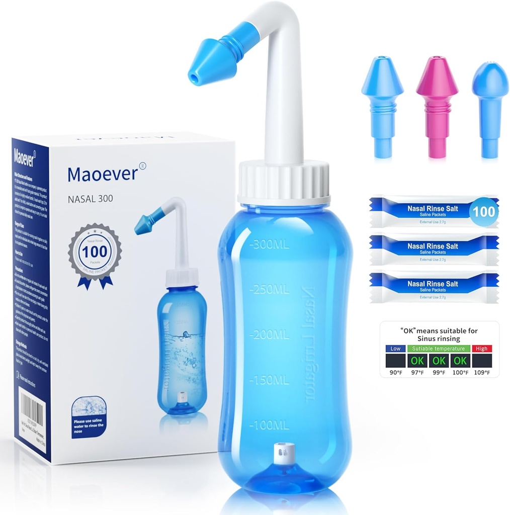 MAOEVER Neti Pot Sinus Rinse fľaša so 100 nosovými umývacími soľnými súpravami Nosový čistiaci prostriedok Tlak v oplachovaní nosa Zavlažovanie pre dospelých a deti BPA Bezplatne 300 ML s lepidlom Thermometer (modrá)