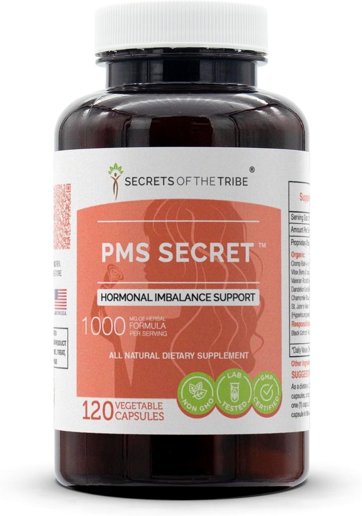 PMS Secret 120 Kapsule, 1000 mg, Black Cohosh, Cramp, Vitex, Valerian, Dandelion, harmanček, St. John's Wort. Podpora hormonálnej nerovnováhy (120 kapsúl)