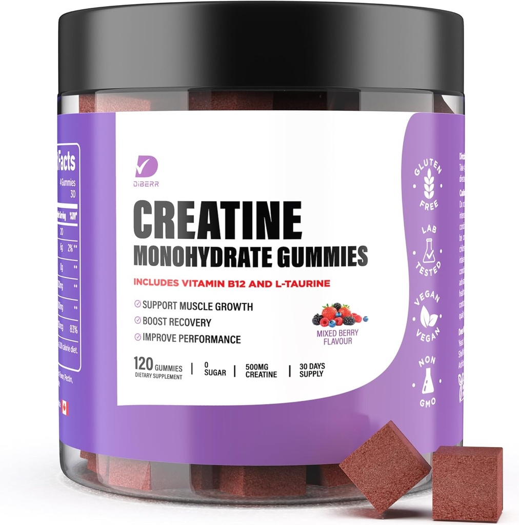 Kreatínové Gummy - Monohydrát kreatín Gummy pre mužov a ženy - 5g kreatín monohydrátu na Serving- zvýšenie koncentrácie, sily, vytrvalosť - Budovanie svalov, bez cukru, Vegan, non-GMO 120 Ct