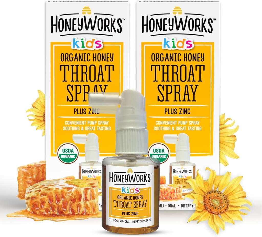HoneyWorks Kids Throat Spray for Sore Throat Relief, 1 Oz (Pack of 2) Ukľudňujúce non-GMO USDA Organic Dark Honey + Zinok, Rýchla úľava, 12 mesiacov+