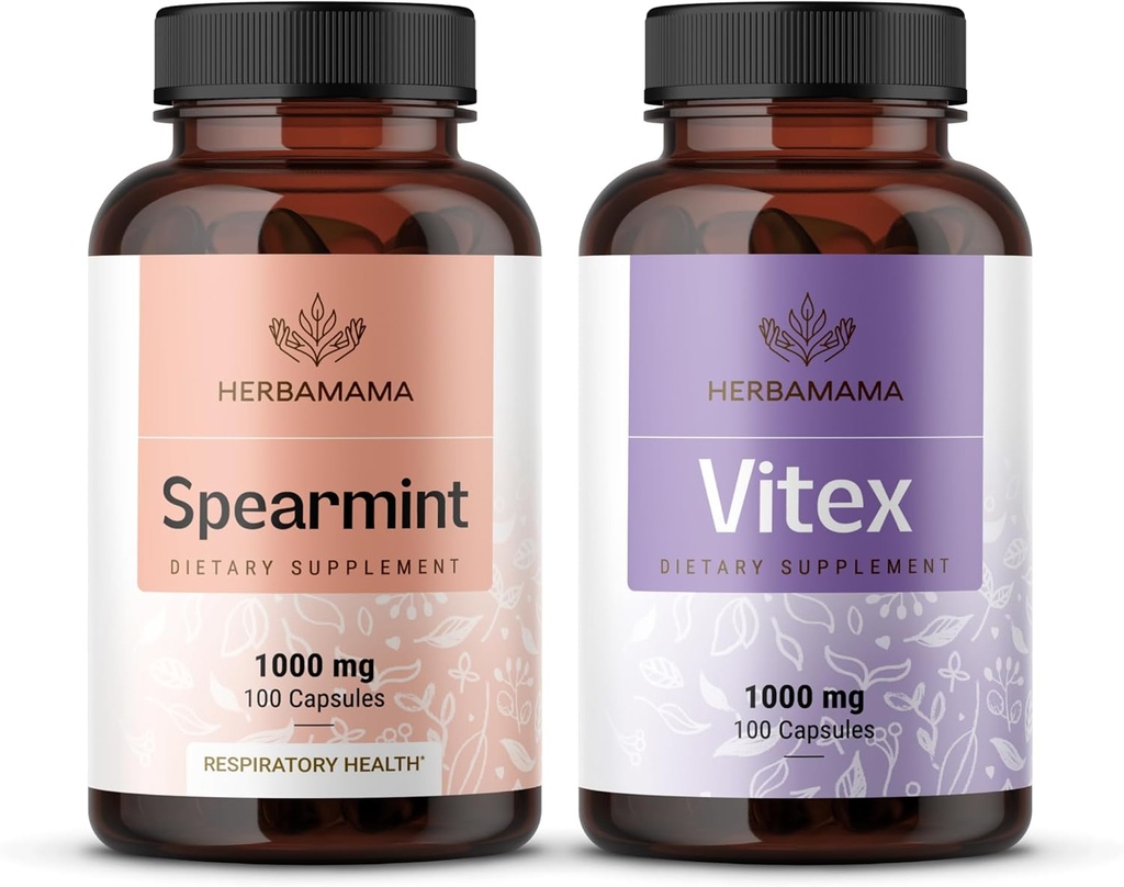 HERBAMAMA Spearmint a Vitex Kit - Bundle 1000 mg Spearmint Leaf & Vitex Chasteberry Kapsule - Vegan, Non-GMO, Želatína - 2 balenia