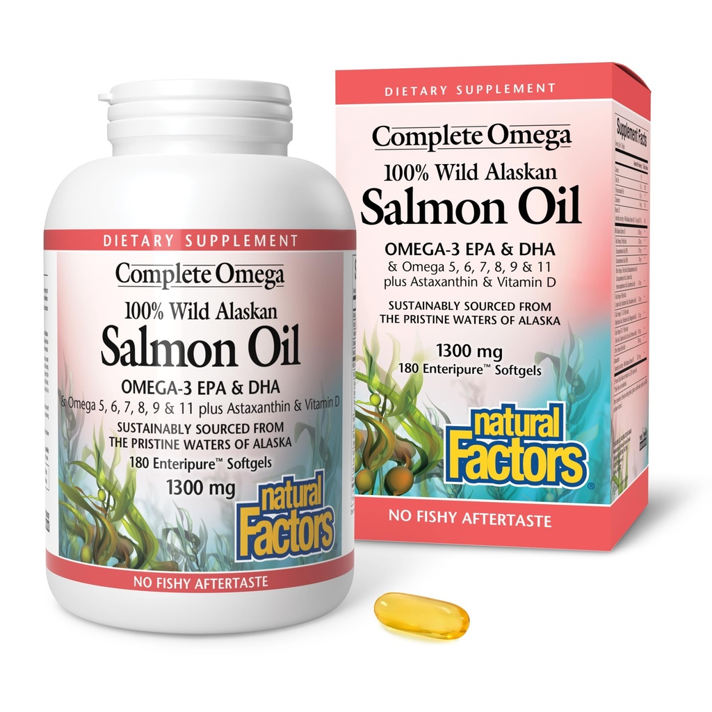 Kompletné Omega podľa prírodných faktorov, Wild Aljašský lososový olej, podporuje zdravie srdca a mozgu s Omega-3 DHA a EPA, 180 softgels (180 porcií)