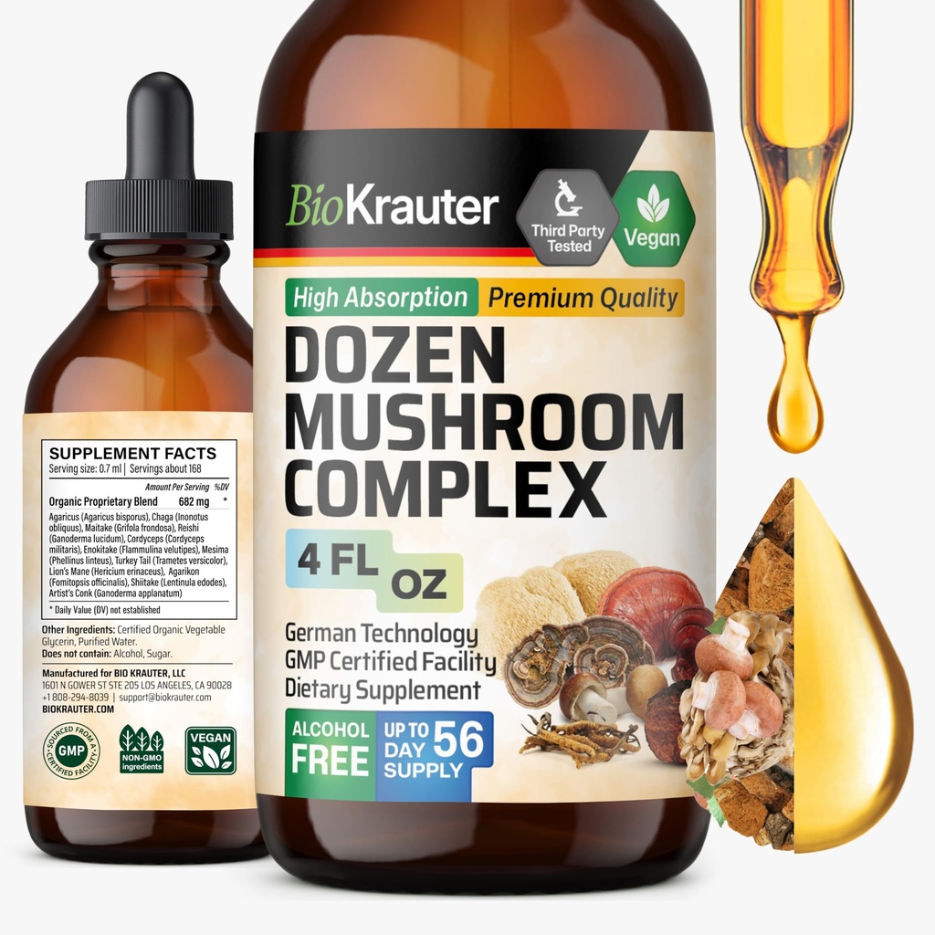 BIO KRAUTER Dozen Mushroom Tinktúra - Imunitná podpora doplnok kvapky - Podporuje trávenie a kognitívna podpora - non-GMO, Liquid Imunity Defense Formula - 4 fl. oz fľaša