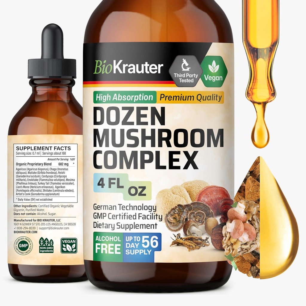 BIO KRAUTER Dozen Mushroom Tinktúra - Imunitná podpora doplnok kvapky - Podporuje trávenie a kognitívna podpora - non-GMO, Liquid Imunity Defense Formula - 4 fl. oz fľaša