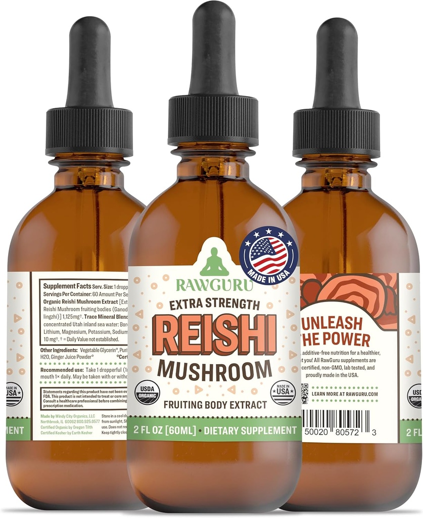 RawGuru Organic Reishi Mushroom Tinture - Reishi Mushroom Extract s prírodnými stopovými minerálmi - Nano-Processed Cognitive & Immune Suplement - 60 Servings of Vegan Drops per 60 ml, Balenie 1