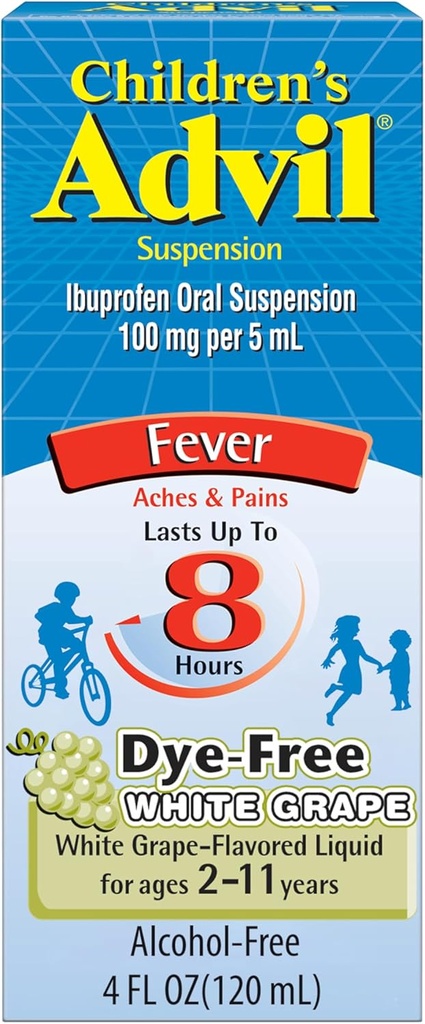 Detské Advil bolesť Reliever a horúčka Redukcia, Farbivá Detské Ibuprofén pre úľavu od bolesti, Tekutý Ibuprofén pre deti, Biele hrozno - 4 Fl Oz