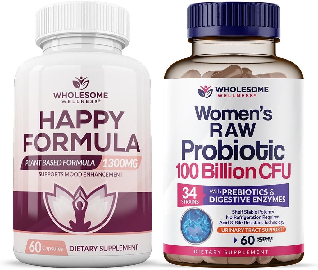 Zdravý Wellness Happy Formula prírodné Formula Relief Supplement + Dr. Formulované Raw Probiotiká pre ženy 100 miliárd CFU Bundle