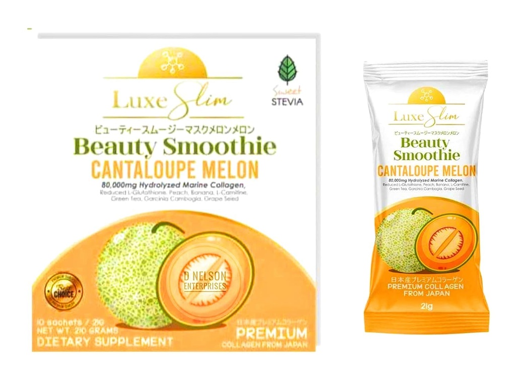 Beauty Smoothie Cantaloupe Melon, 80 000mg Hydrolyzed Marine Collagen, 21gx10 Sachets, 7.4075 Ounce