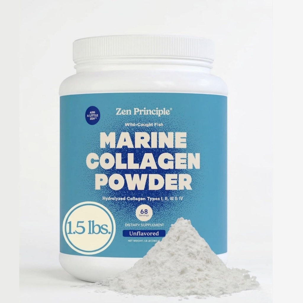 Zen Principle Marine Collagen Peptides Powder 1,5 lb. Wild-Caught Fish, Non-GMO. Podporuje zdravú pokožku, vlasy, kĺby a kosti. Hydrolyzovaný proteín typu I, II, III a IV. Aminokyseliny. Ľahko sa mixuje.