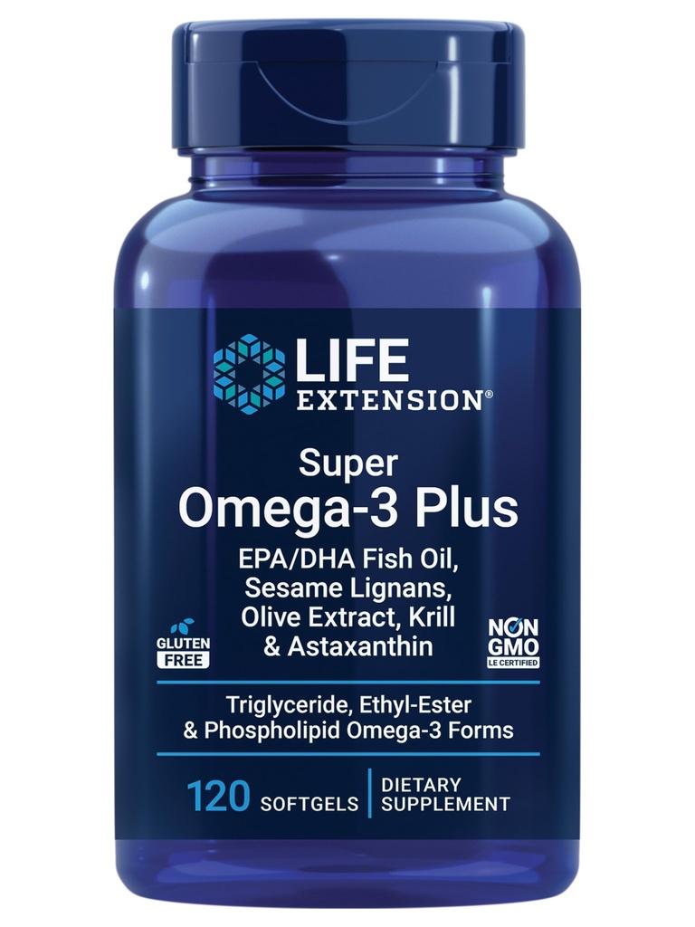 Rozšírenie života Super Omega-3 Plus EPA/DHA rybí olej, sezamové lignany, olivový extrakt, kril a astaxantín - Srdce, mozog a spoločná zdravotná podpora - Gluten-free, non-GMO - 120 Softgels
