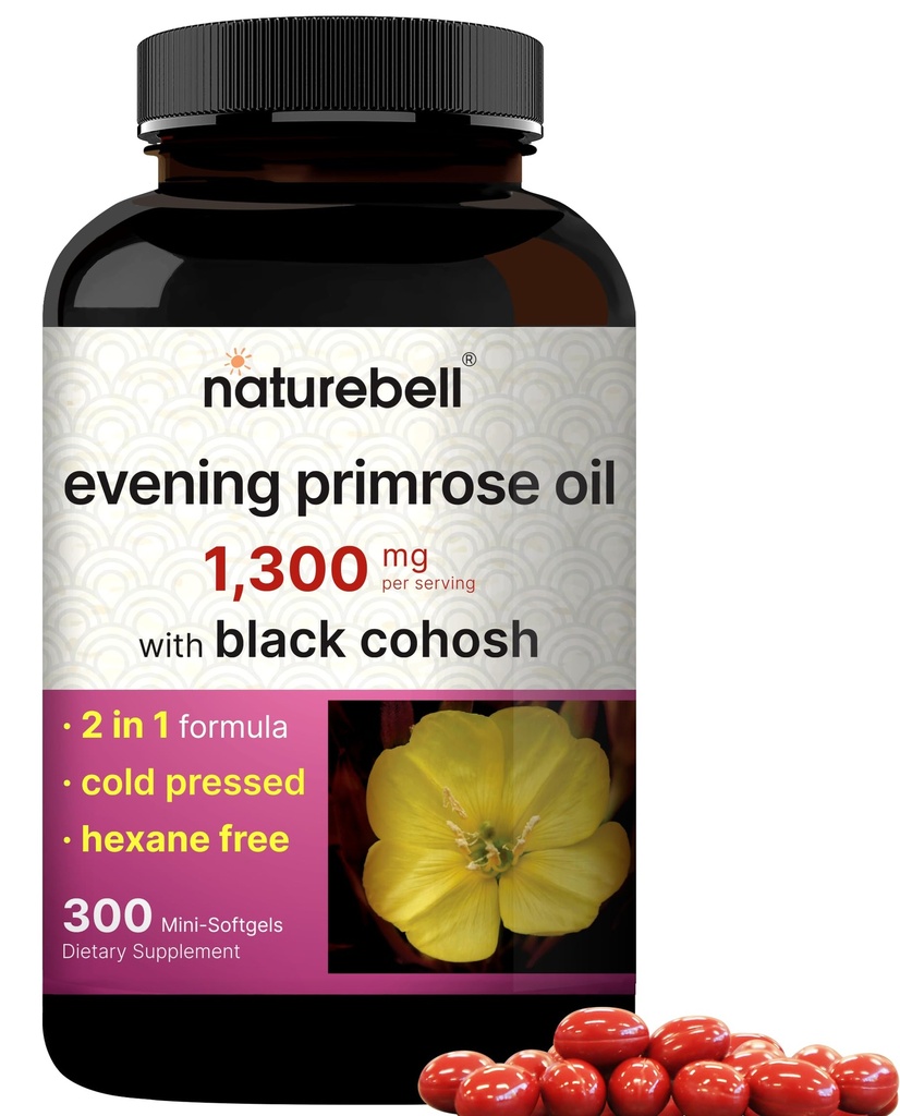 NatureBell Evening Primrose Oil with Black Cohosh, 1,300mg per Serving, 300 Mini-Softgels 
