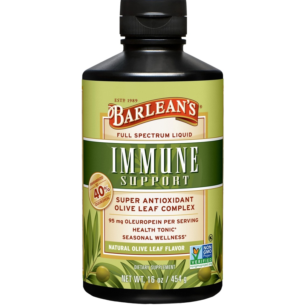 Barlean Olive Leaf Complex Liquid Immune Suplement with 95mg Oleuropein Antioxidants for Seasonal Wellness, Heart Health, & Immune System Booster, 16 Ounce