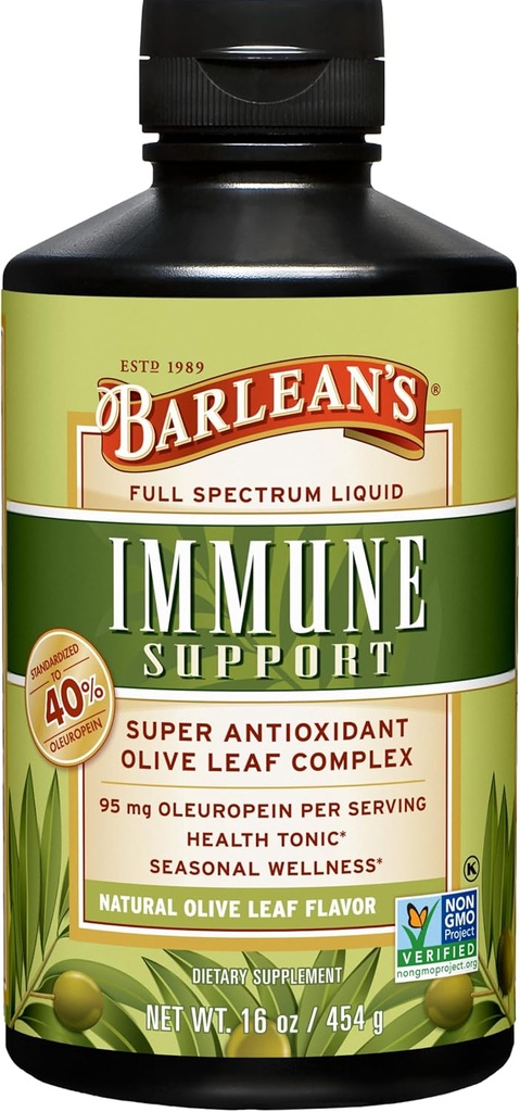 Barlean Olive Leaf Complex Liquid Immune Suplement with 95mg Oleuropein Antioxidants for Seasonal Wellness, Heart Health, & Immune System Booster, 16 Ounce