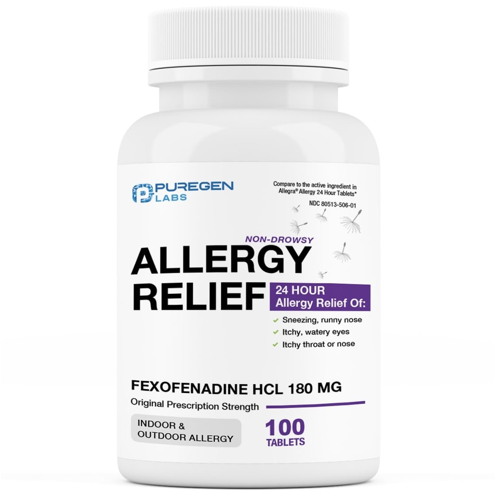 Puregen Labs Allergy Relief, Fexofenadín 180 mg, 100 tabliet 24 hodín Non-Drowsy Antihistaminika Alergická medicína pre Runny Nose, Kýchanie, Svrbenie, Vodnaté oči - Made in USA