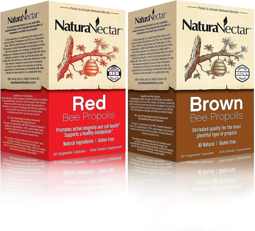 NaturaNectar Natural Bee Propolis Bundle - Red Propolis a Brown Propolis - od Immune Support, Respiratory Health and Healthy Metabolizmus - 60 kapsúl na fľašu